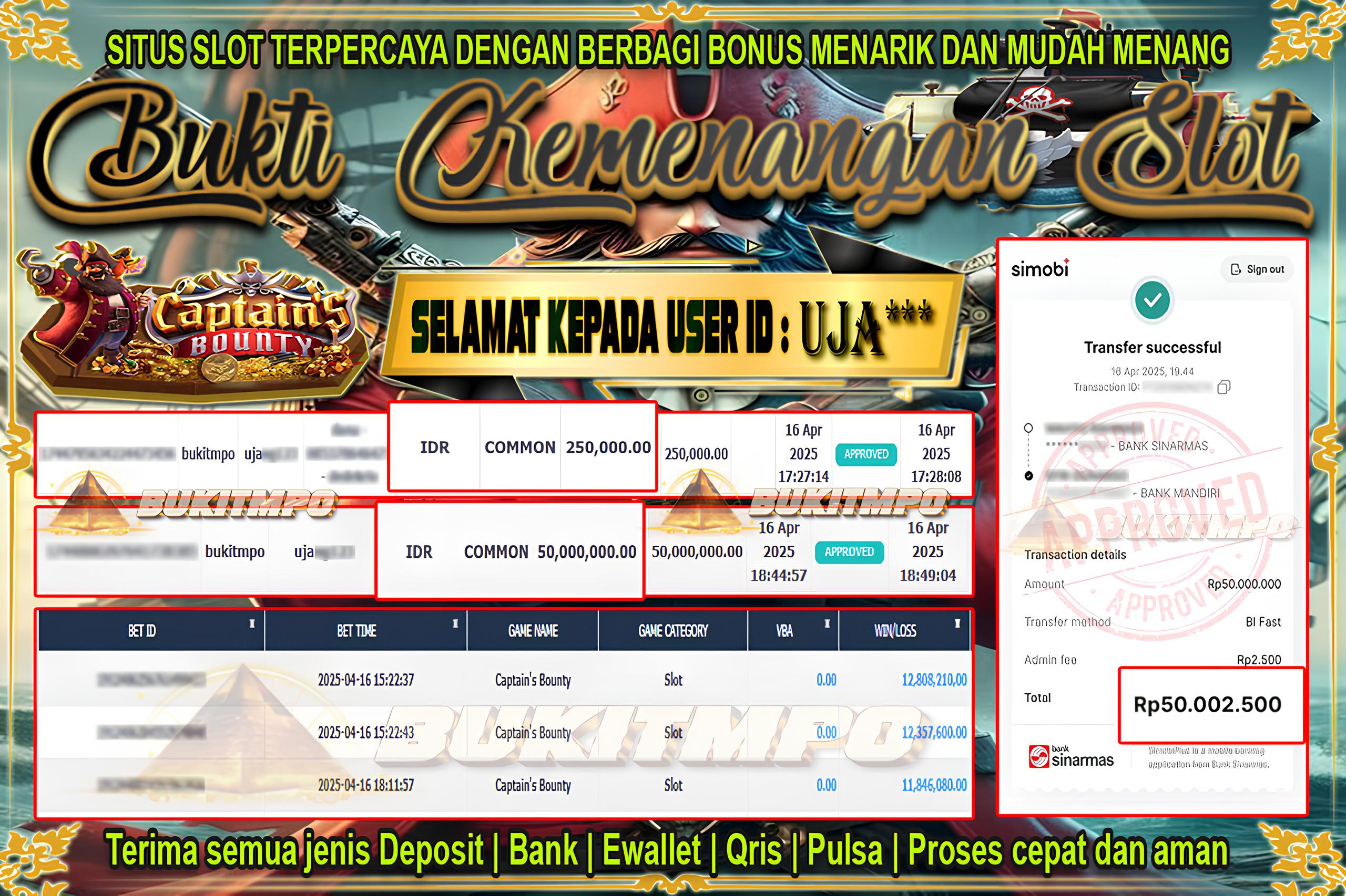 BUKITMPO JACKPOT SLOT Captain's Bounty Rp.50.000.000,- LUNAS