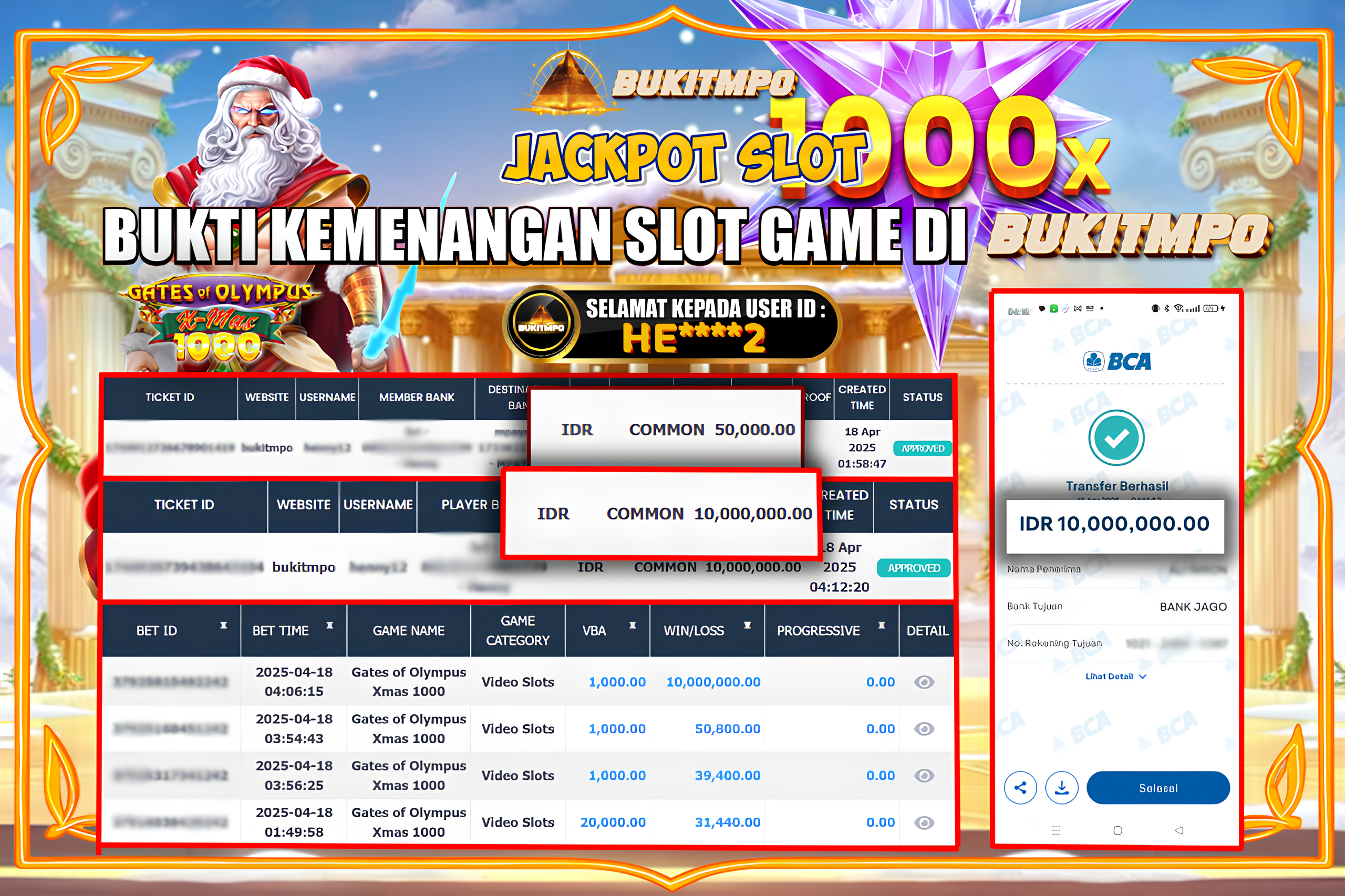 BUKITMPO JACKPOT SLOT Gate Of Olympus Xmas 1000 Rp.10.000.000,- LUNAS