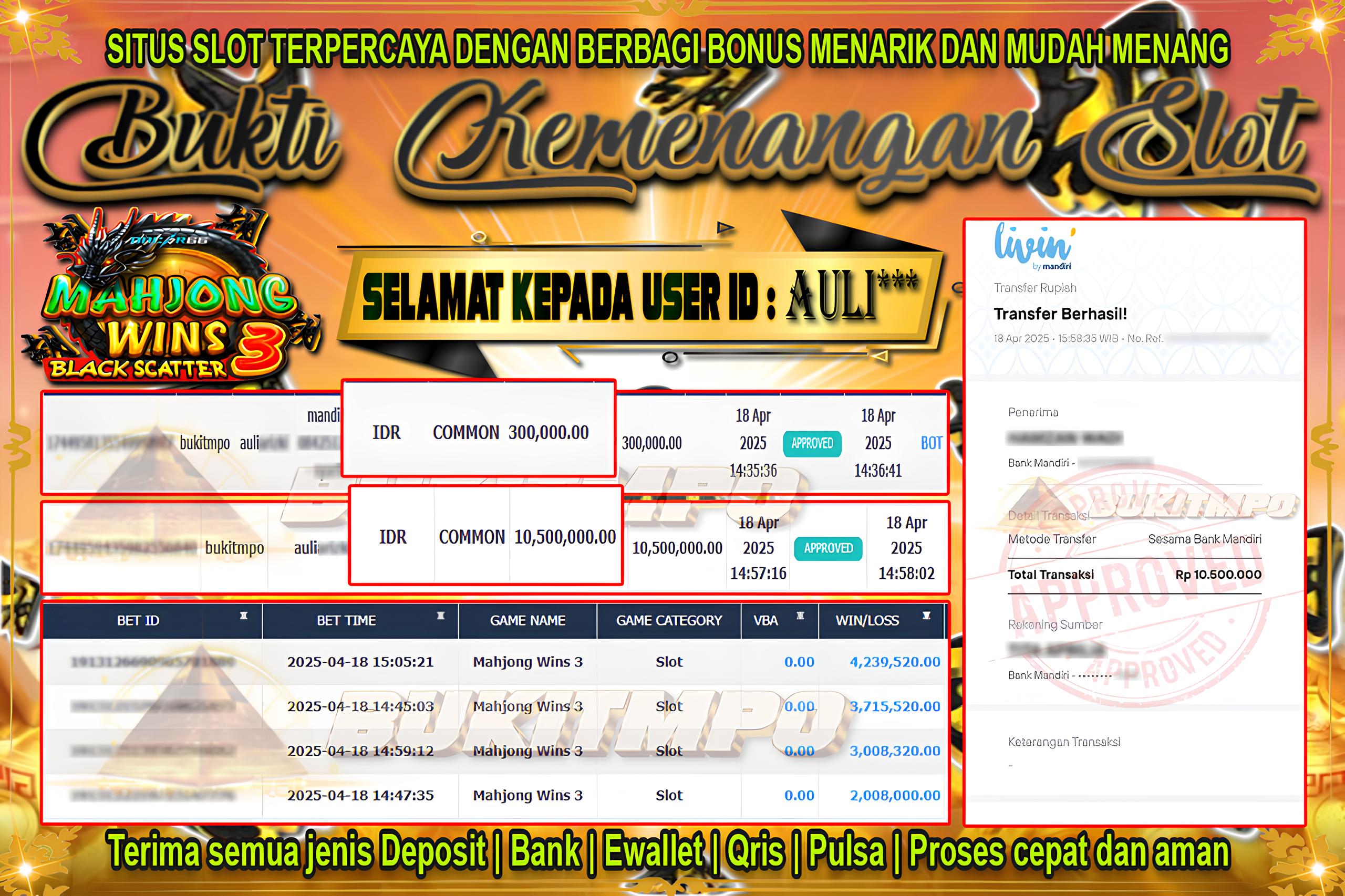BUKITMPO BUKTI KEMENANGAN Mahjong Wins 3 Rp.10.500.000,- LUNAS
