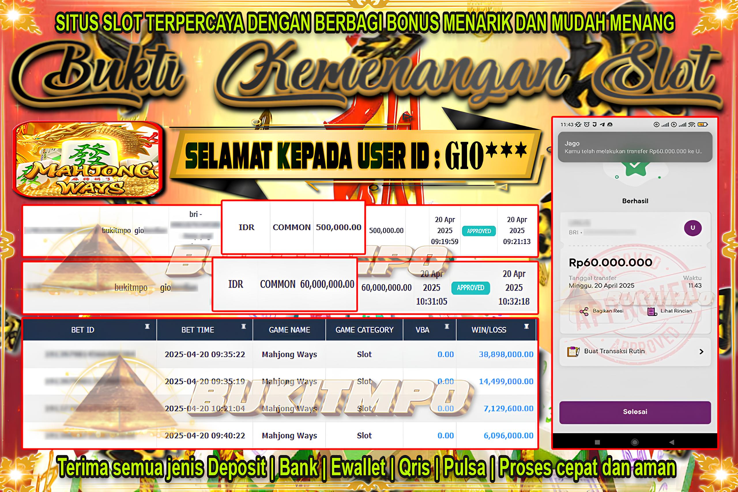 BUKITMPO BUKTI KEMENANGAN Mahjong Ways Rp.60.000.000,- LUNAS