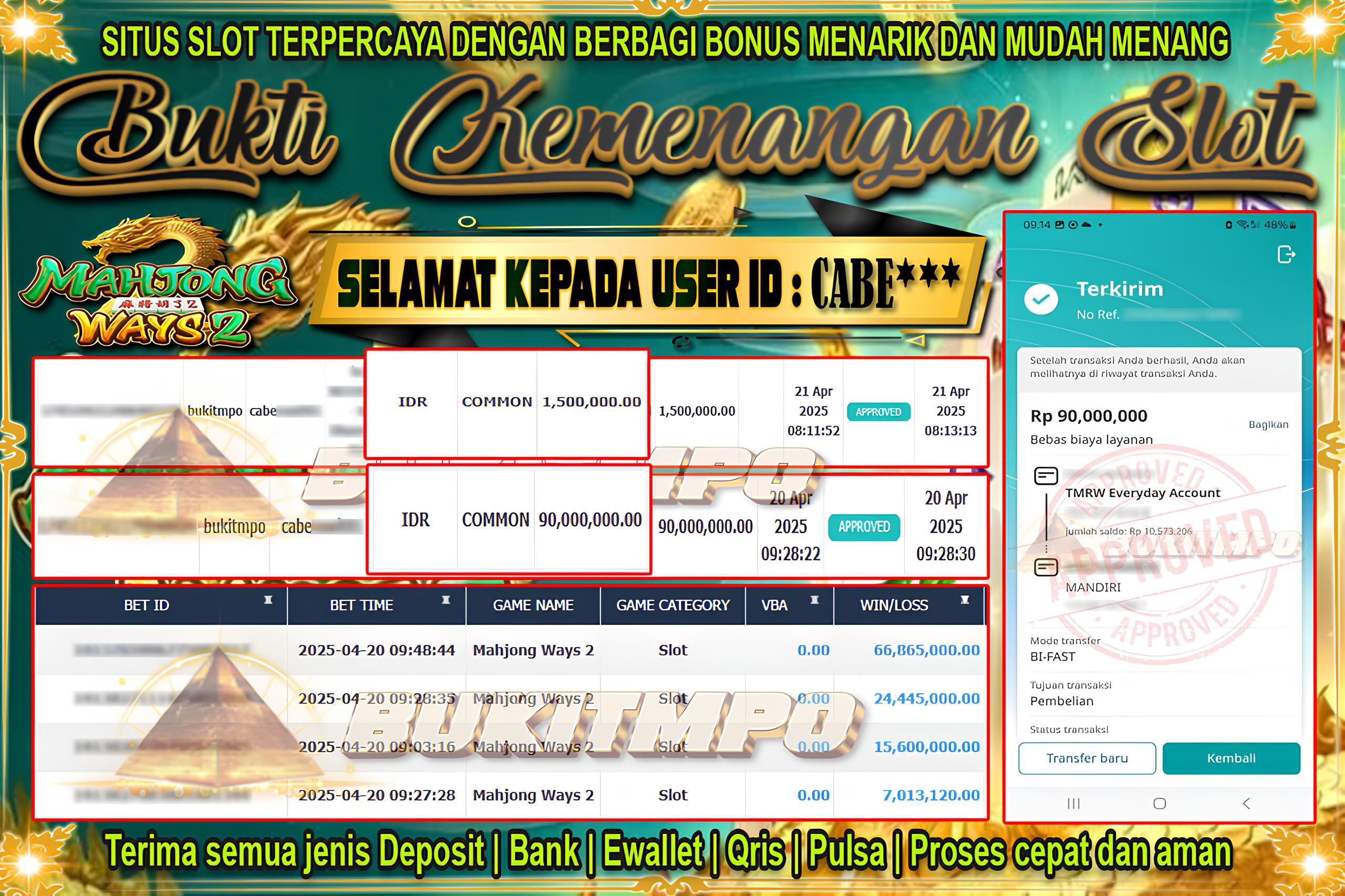 BUKITMPO BUKTI KEMENANGAN Mahjong Ways 2 Rp.90.000.000,- LUNAS