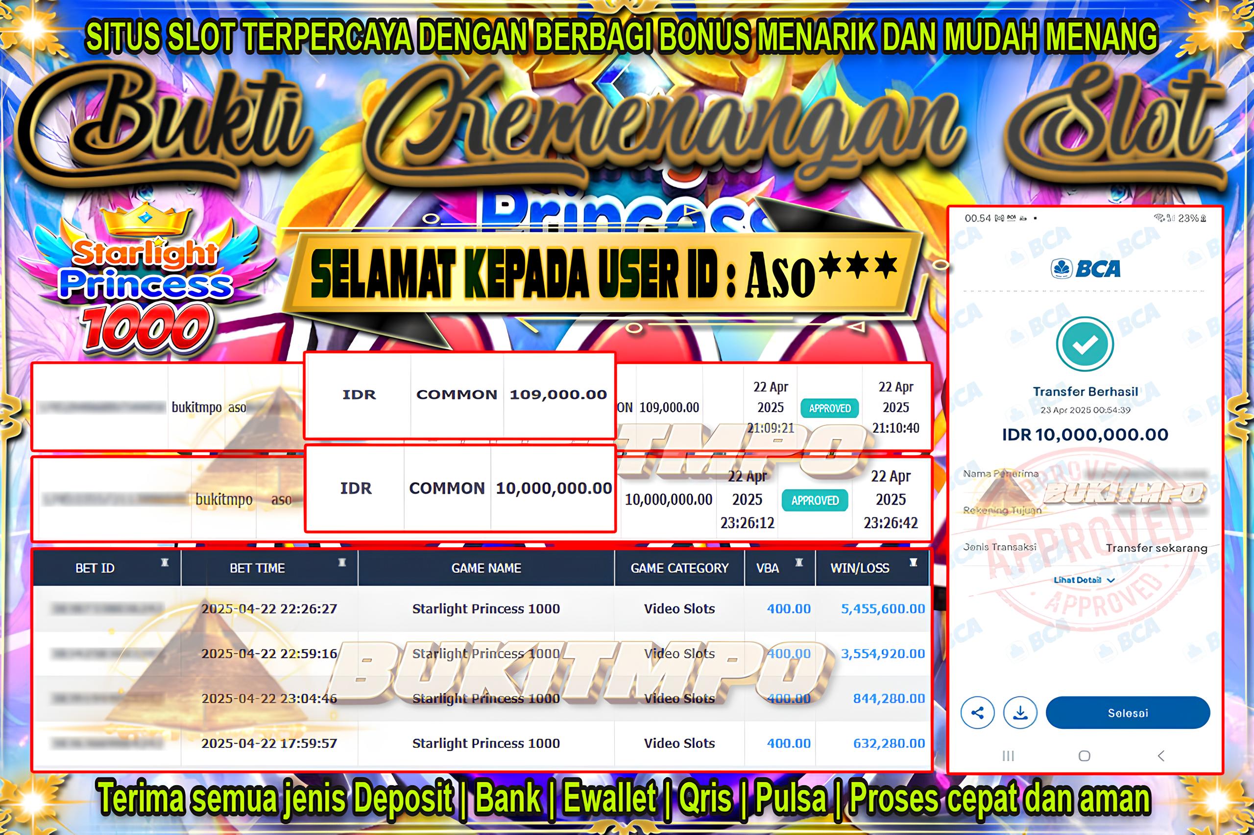 BUKITMPO BUKTI KEMENANGAN Starlight Princess 1000 Rp. 10.000.000,- LUNAS