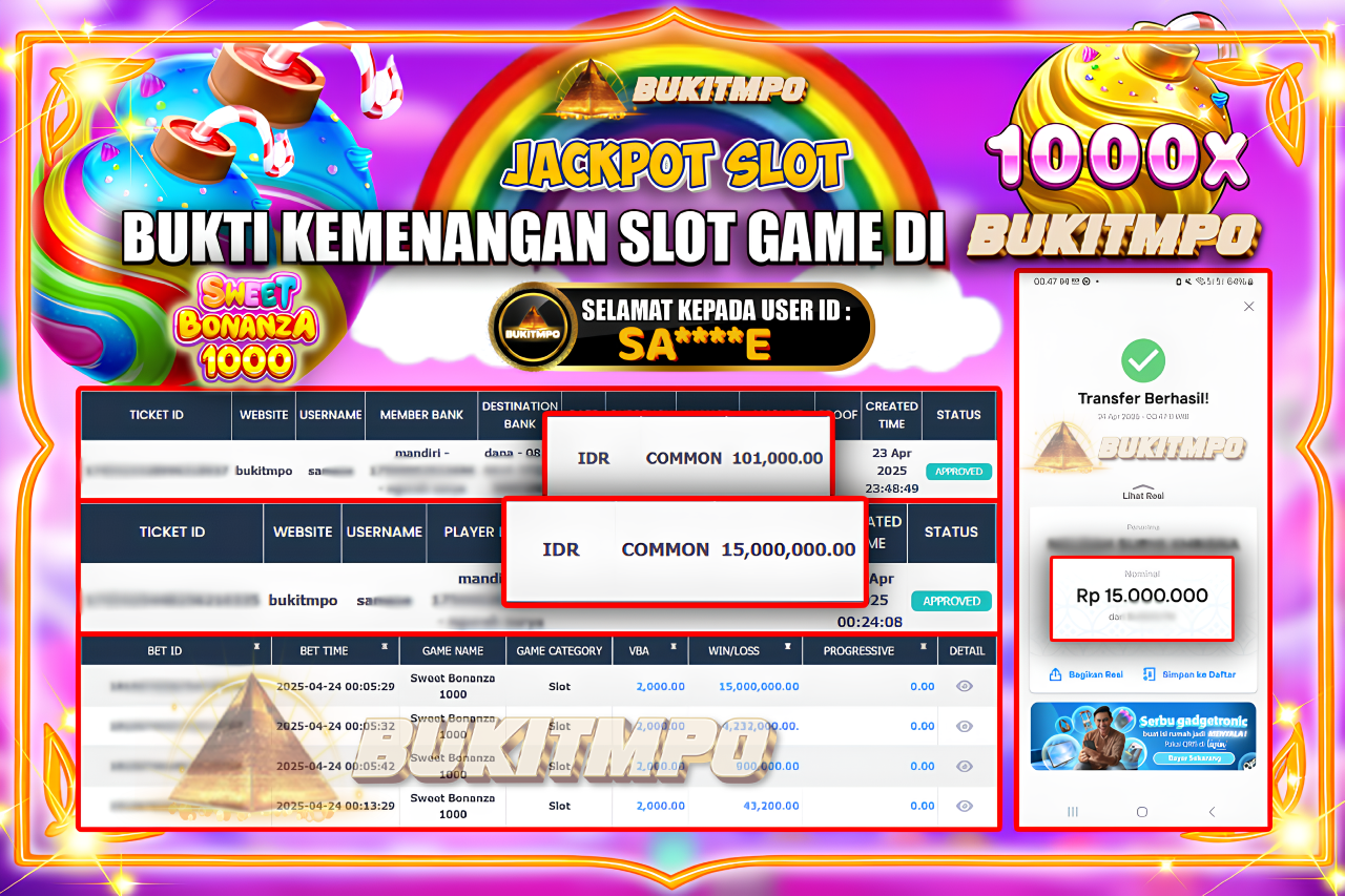 BUKITMPO JACKPOT SLOT Sweet Bonanza 1000 Rp.15.000.000,- LUNAS