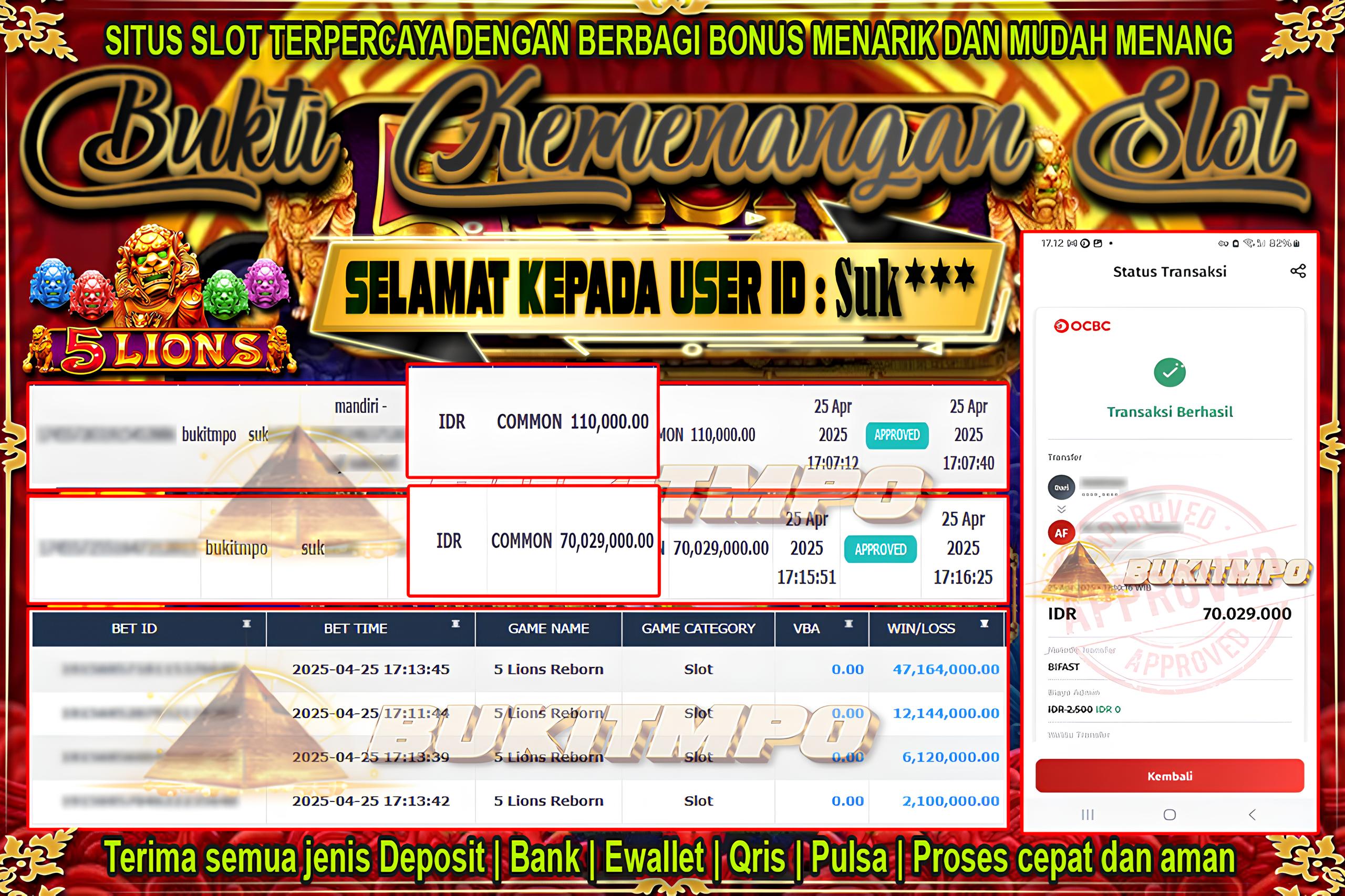 BUKITMPO BUKTI KEMENANGAN 5 Lions Reborn Rp. 70.029.000,- LUNAS