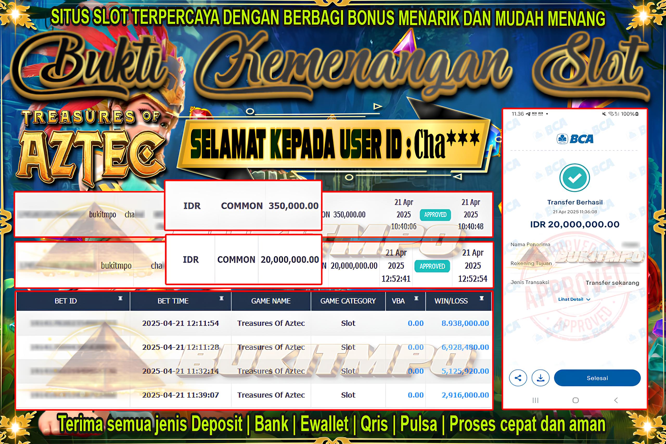 BUKITMPO BUKTI KEMENANGAN Treasures Of Aztec Rp.20.000.000,- LUNAS