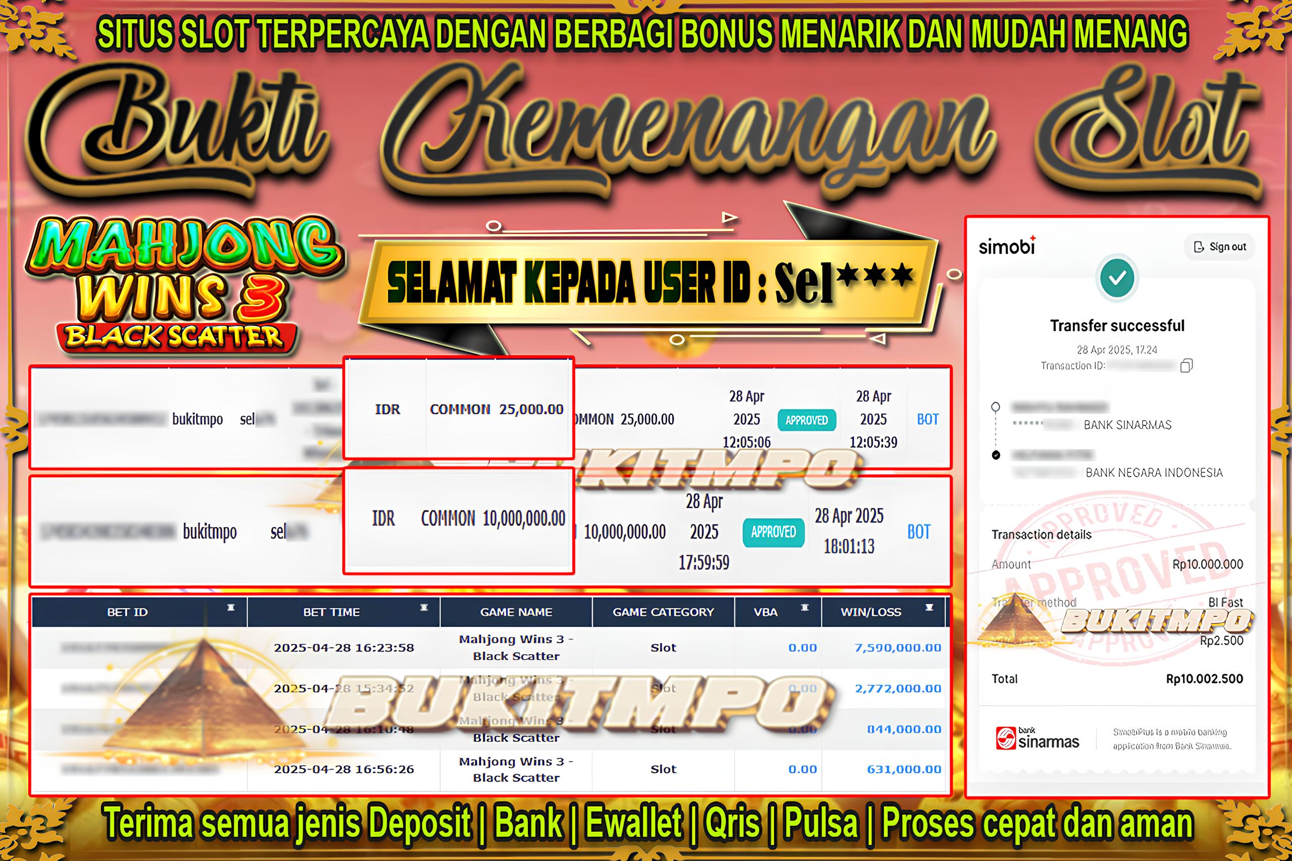 BUKITMPO BUKTI KEMENANGAN Mahjong Wins 3 Rp. 10.000.000,- LUNAS