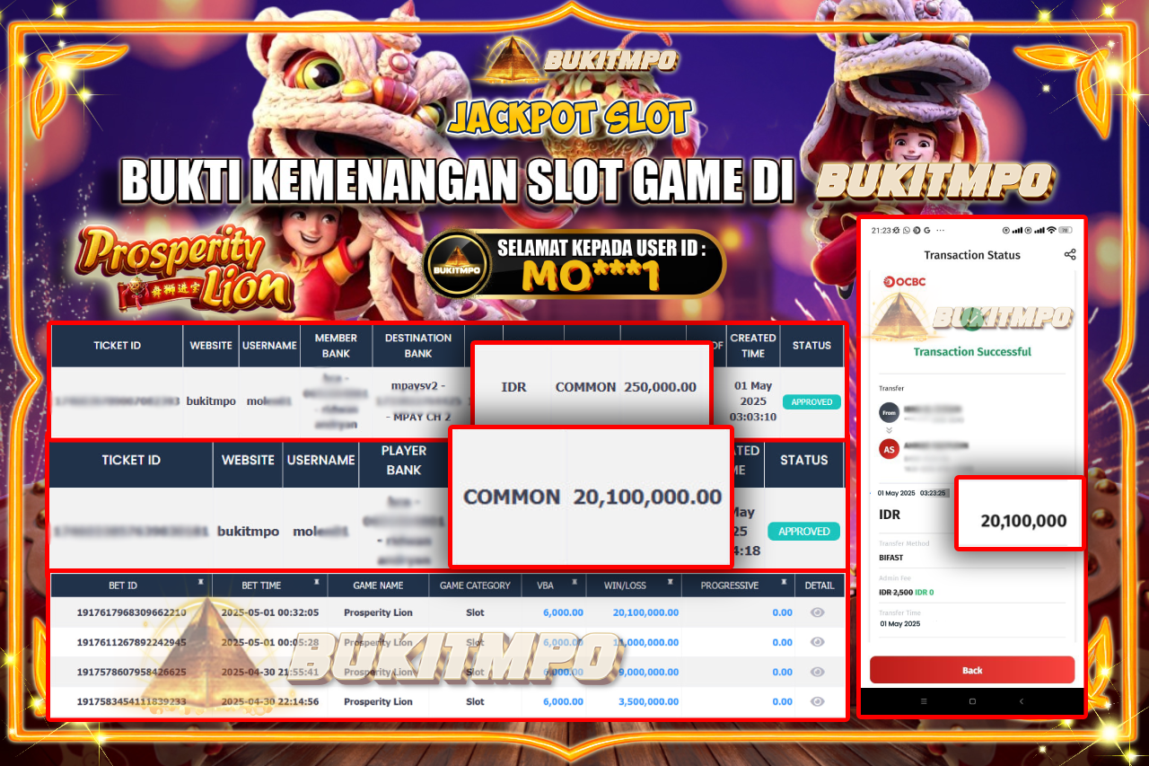 BUKITMPO JACKPOT SLOT Prosperity Lion Rp.20.100.000,- LUNAS
