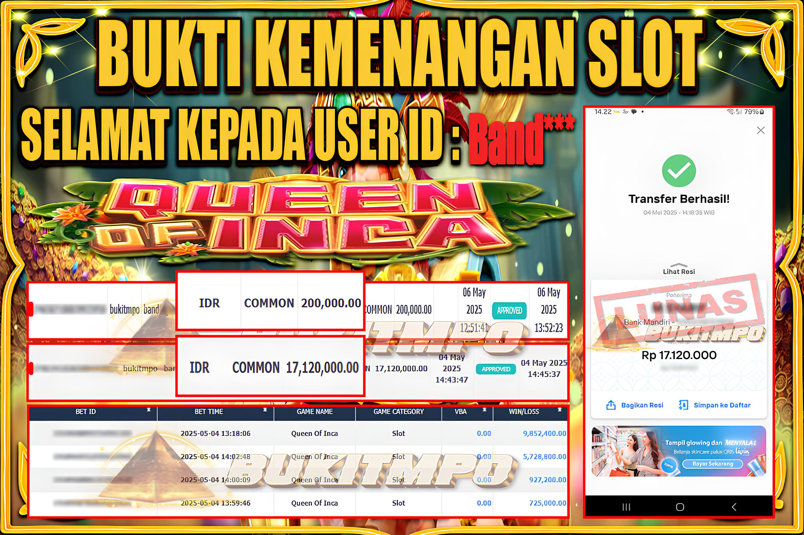 BUKITMPO JACKPOT SLOT Queen Of Inca Rp.17.120.000,- LUNAS