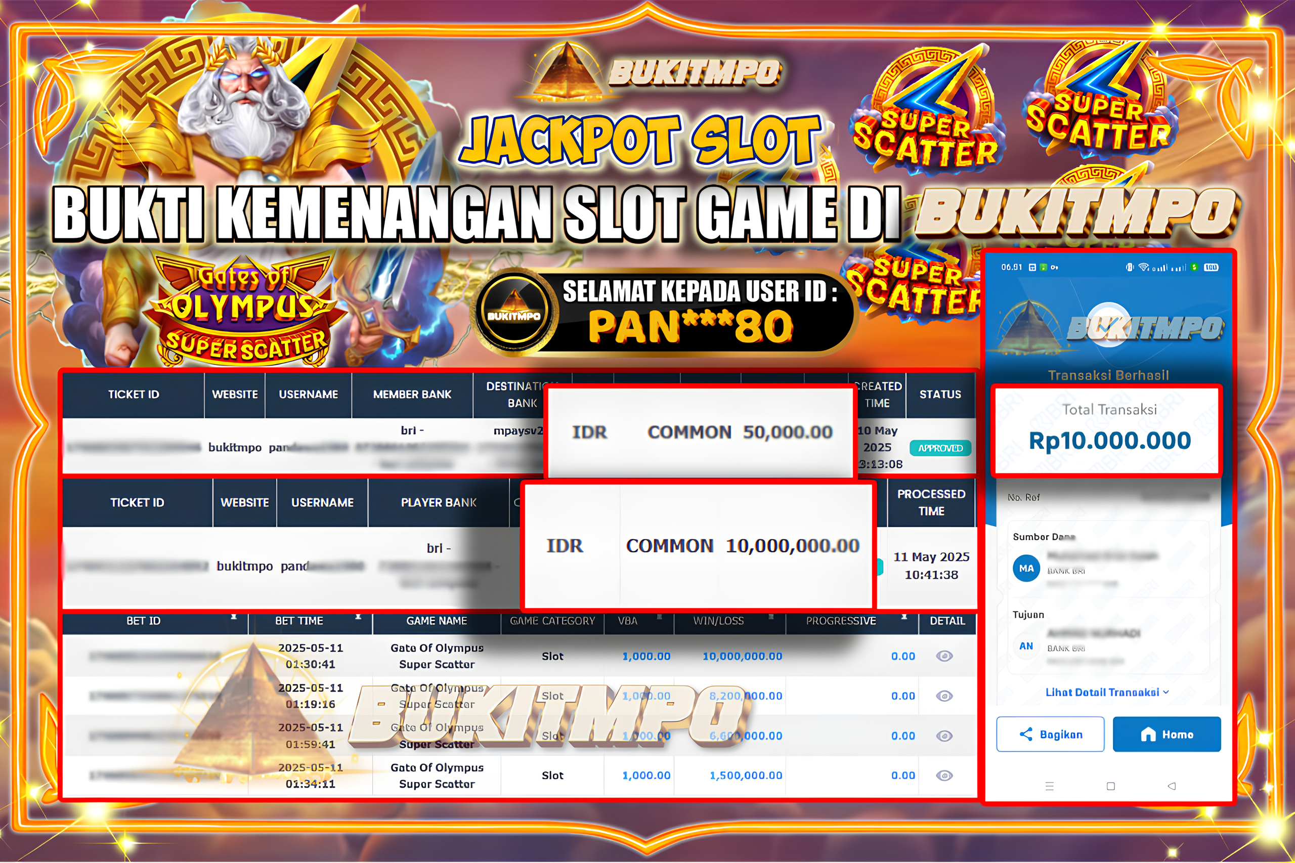 BUKITMPO JACKPOT SLOT Gate Of Olympus Super Scatter Rp.10.000.000,- LUNAS