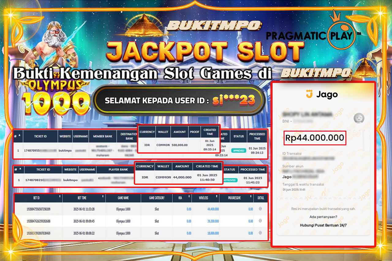BUKITMPO JACKPOT SLOT OLYMPUS 1000 Rp.44.000.000,- LUNAS