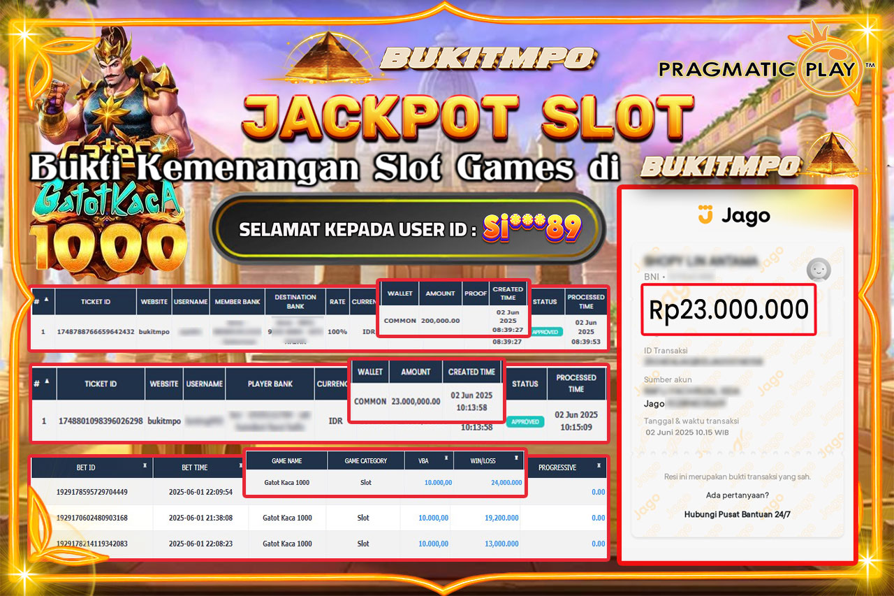 BUKITMPO JACKPOT GATOT KACA 1000 Rp.23.000.000,- LUNAS