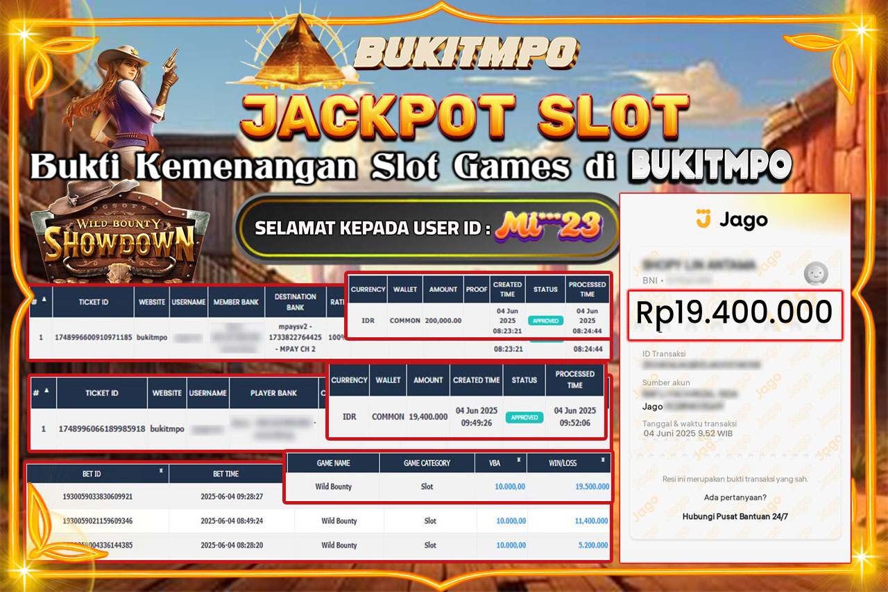 BUKITMPO JACKPOT SLOT WILD BOUNTY Rp.19.400.000,- LUNAS