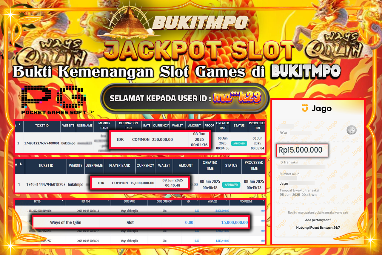 BUKITMPO JACKPOT WAYS OF THE QILLIN Rp.15.000.000,- LUNAS
