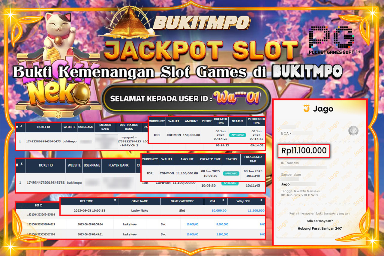 BUKITMPO JACKPOT LUCKY NEKO Rp.11.100.000,- LUNAS