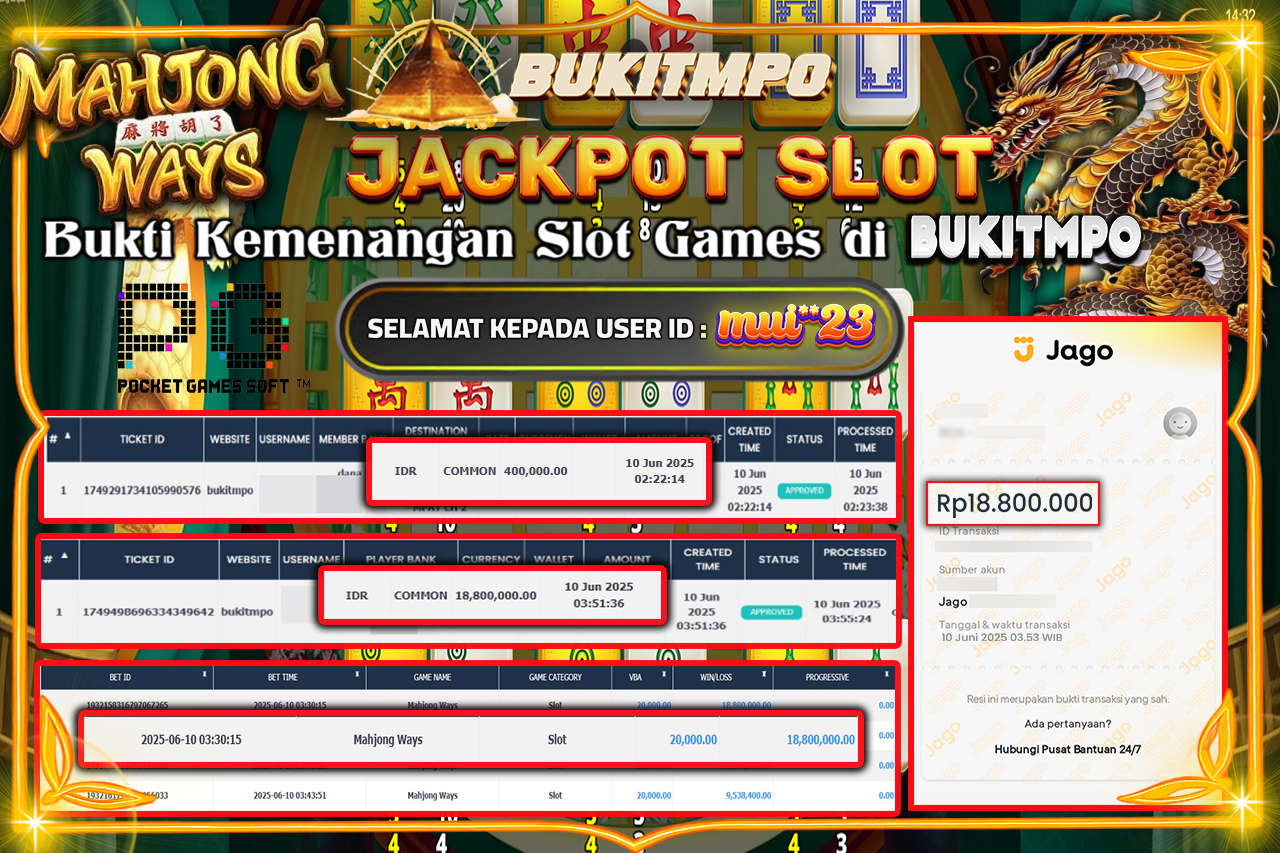 BUKITMPO JACKPOT MAHJONG WAYS Rp.18.800.000,- LUNAS