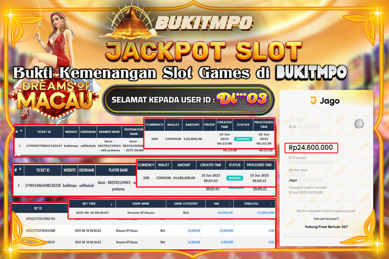 BUKITMPO JACKPOT DREAMS OF MACAU Rp.24.600.000,- LUNAS