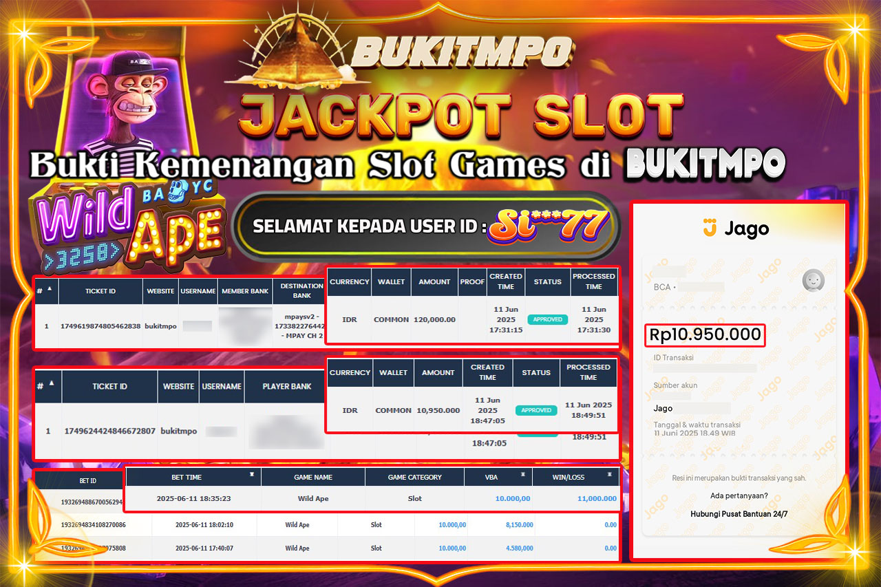 BUKITMPO JACKPOT WILD APE Rp.10.950.000.,- LUNAS