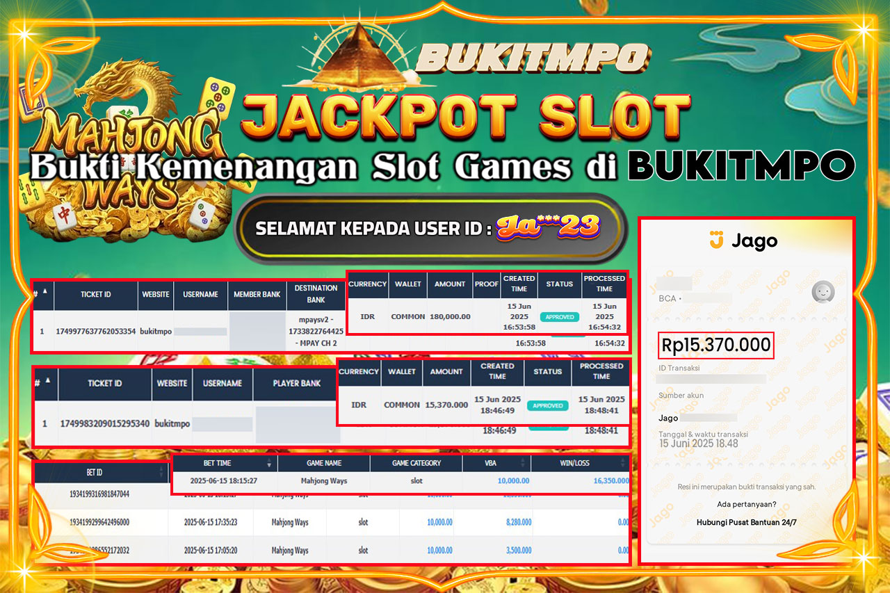 BUKITMPO JACKPOT MAHJONG WAYS Rp.15.370.000,-  LUNAS