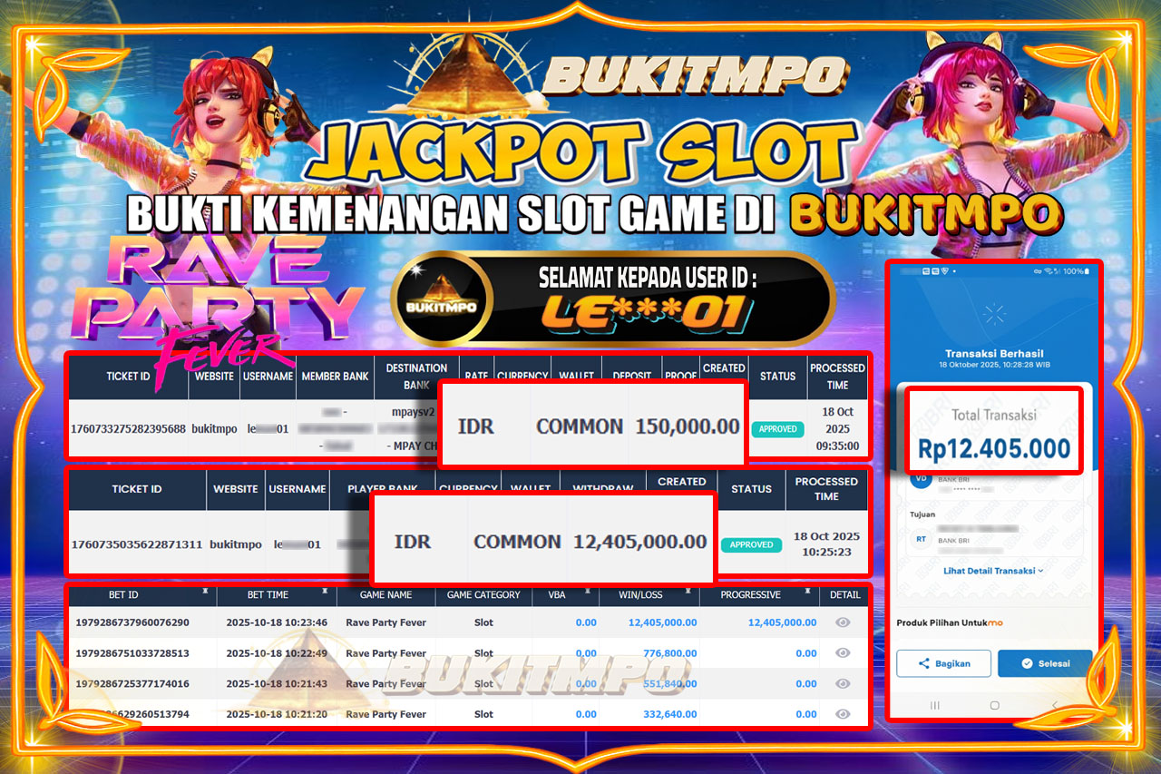 BUKITMPO JACKPOT RAVE PARTY FEVER - PG SOFT Rp.12.405.000,- LUNAS