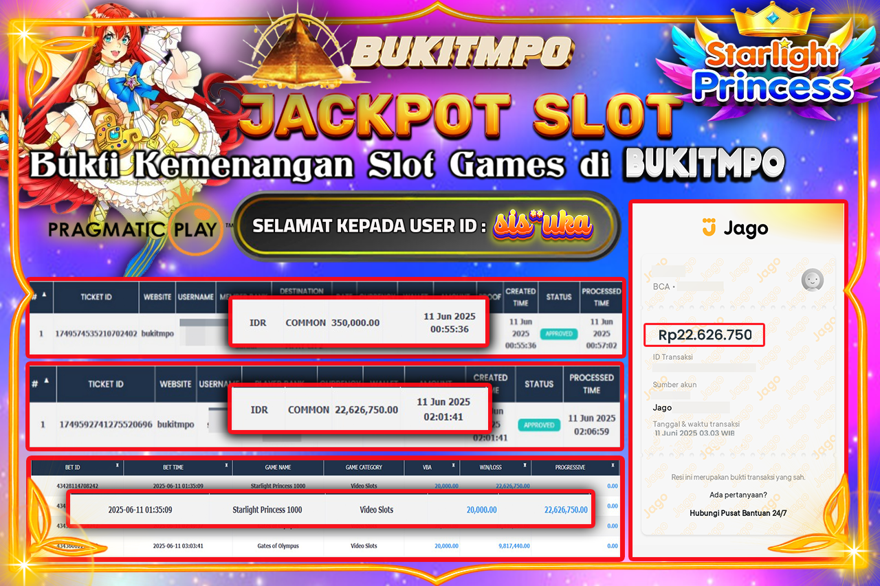 BUKITMPO JACKPOT STARLIGHT PRINCESS 1000 Rp.22.626.750.,- LUNAS